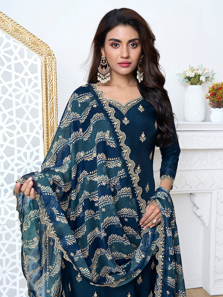 Navy Blue Cutwork Neckline Dola Silk Kurta Suit Set with Digital Print Dupatta