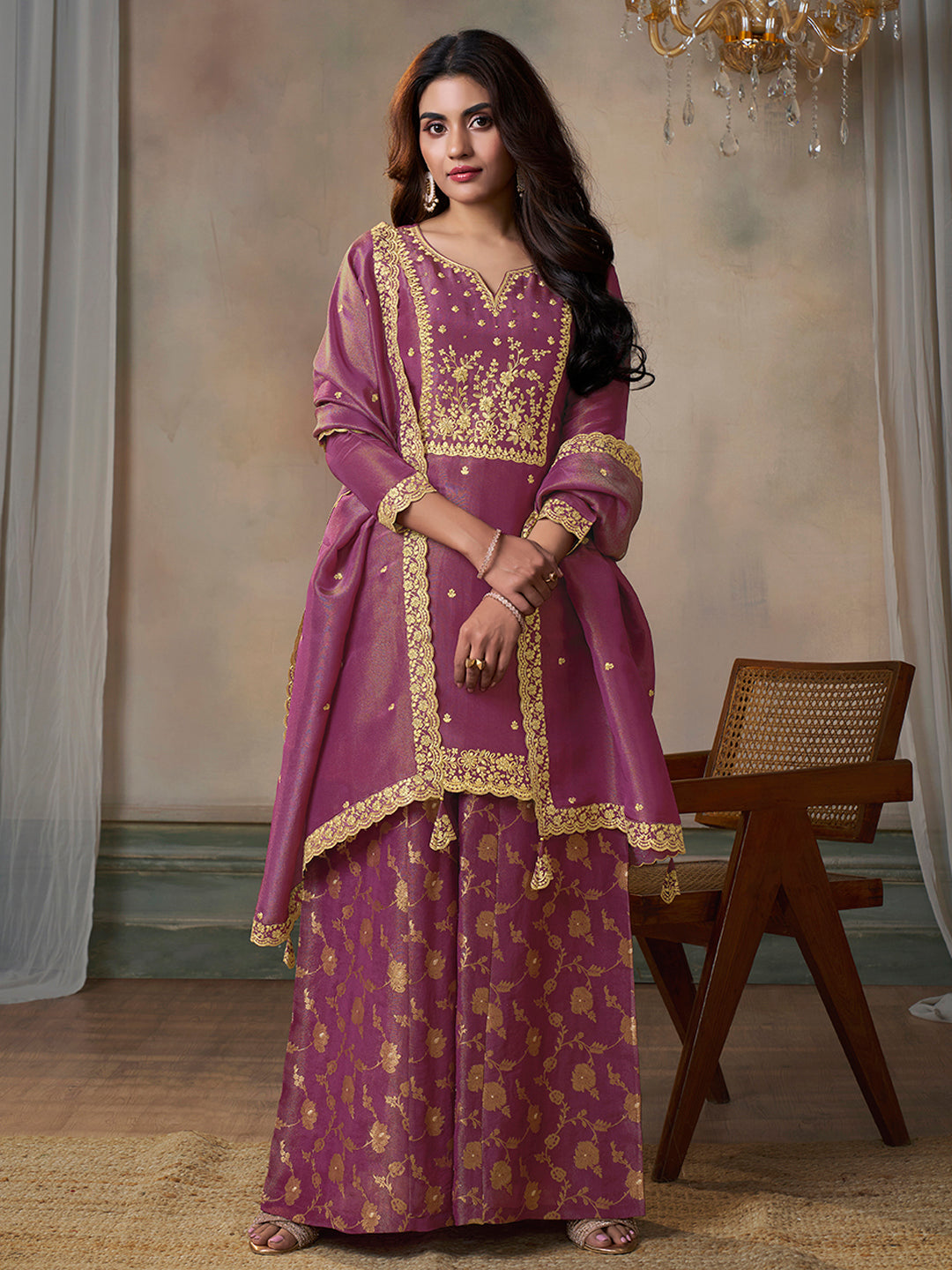 Pink Viscose Tissue with Pitta work Sharara Suit Set by Qivii