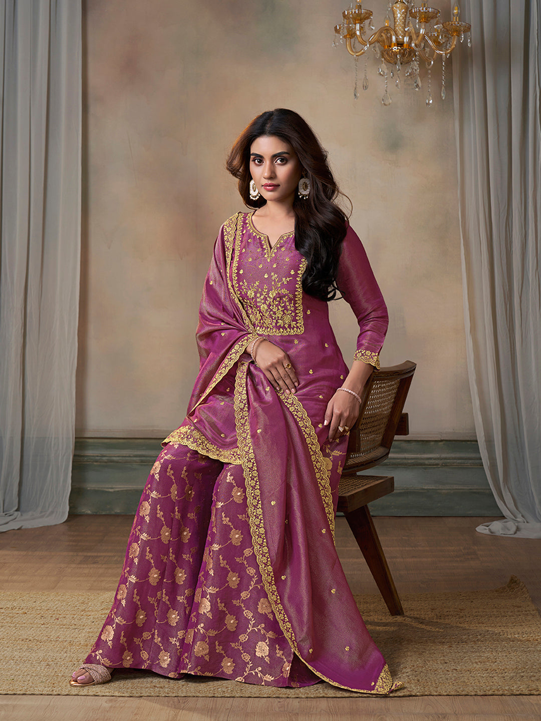 Pink Viscose Tissue with Pitta work Sharara Suit Set by Qivii