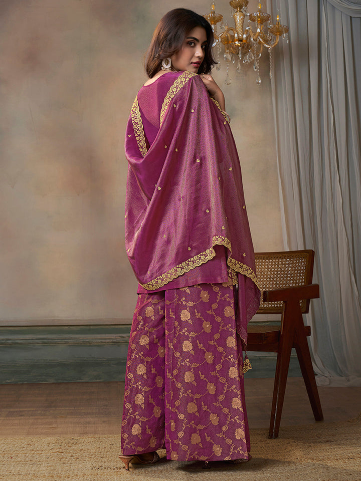 Pink Viscose Tissue with Pitta work Sharara Suit Set by Qivii