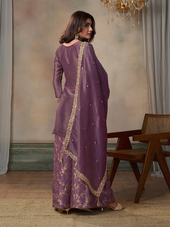 Purple Viscose Tissue with Pitta work Sharara Suit Set by Qivii