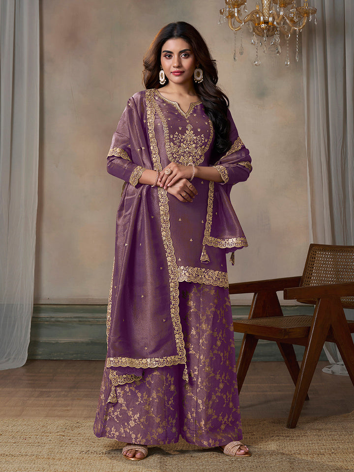 Purple Viscose Tissue with Pitta work Sharara Suit Set by Qivii