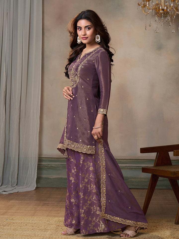 Purple Viscose Tissue with Pitta work Sharara Suit Set by Qivii