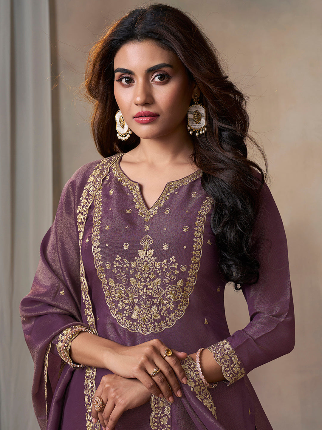 Purple Viscose Tissue with Pitta work Sharara Suit Set by Qivii