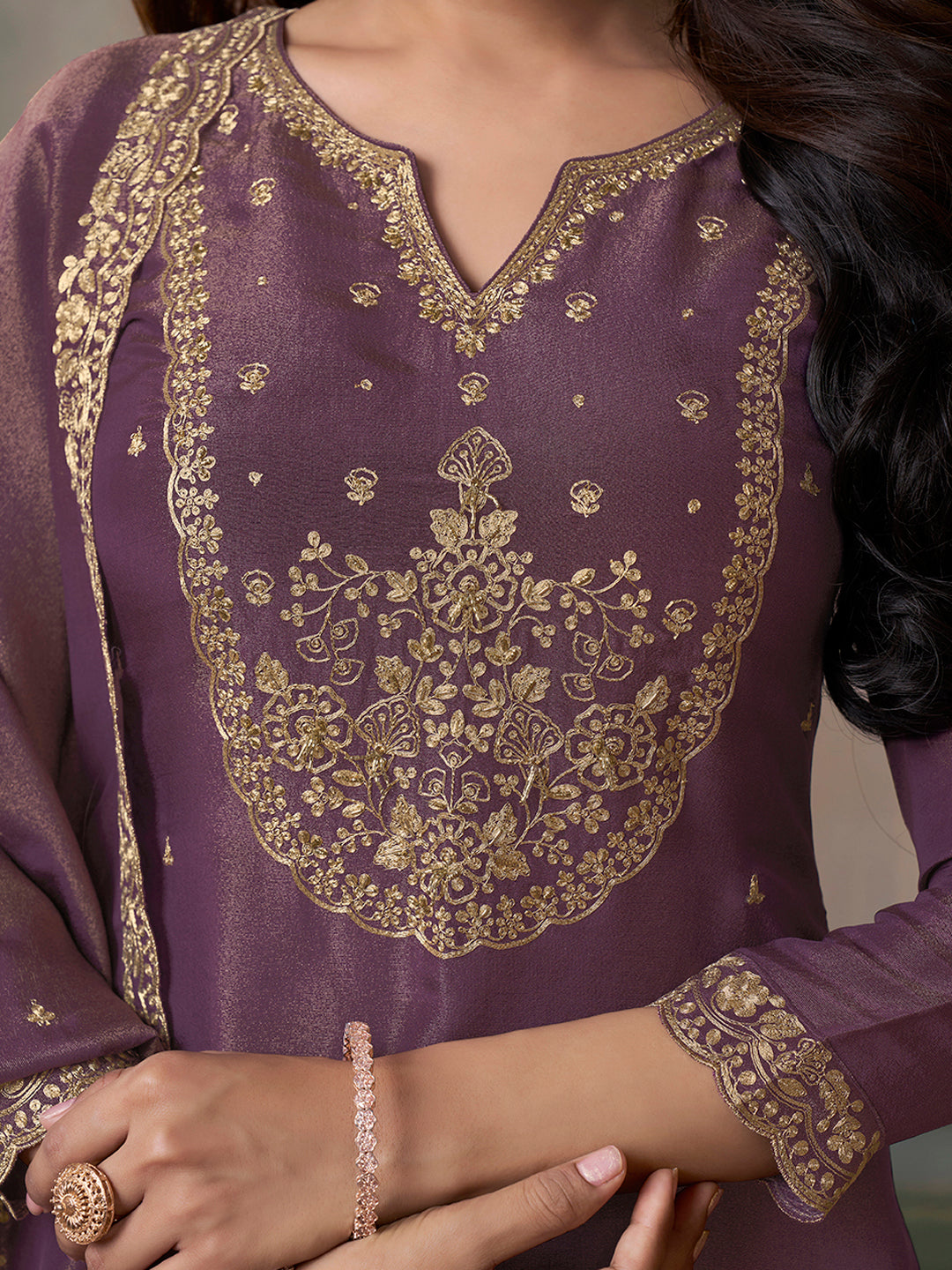 Purple Viscose Tissue with Pitta work Sharara Suit Set by Qivii