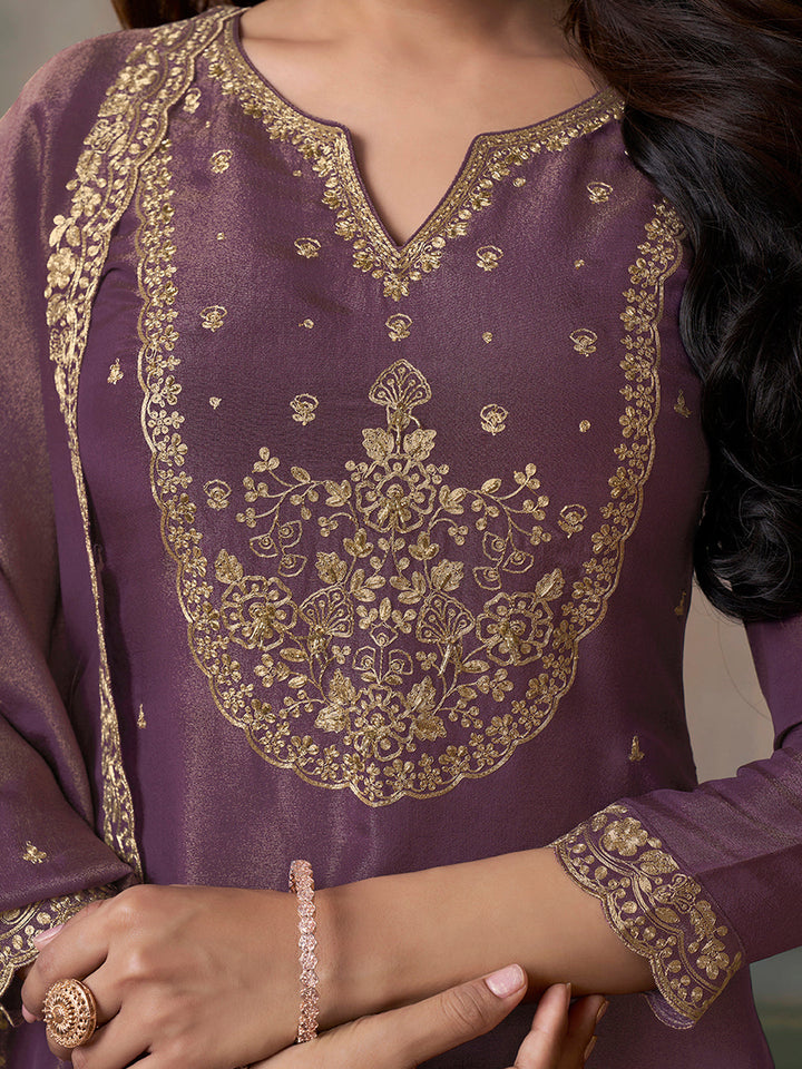 Purple Viscose Tissue with Pitta work Sharara Suit Set by Qivii