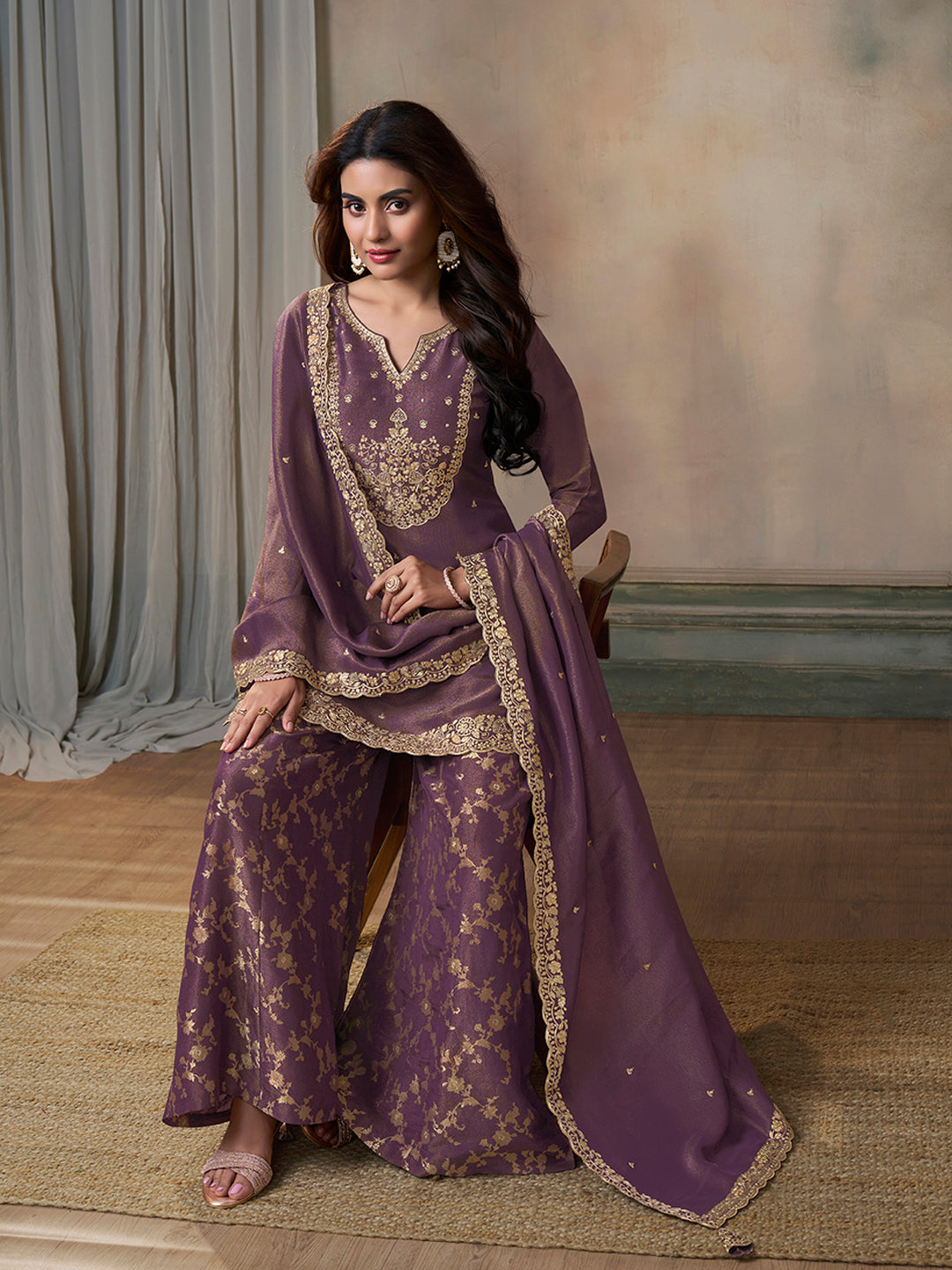 Purple Viscose Tissue with Pitta work Sharara Suit Set by Qivii