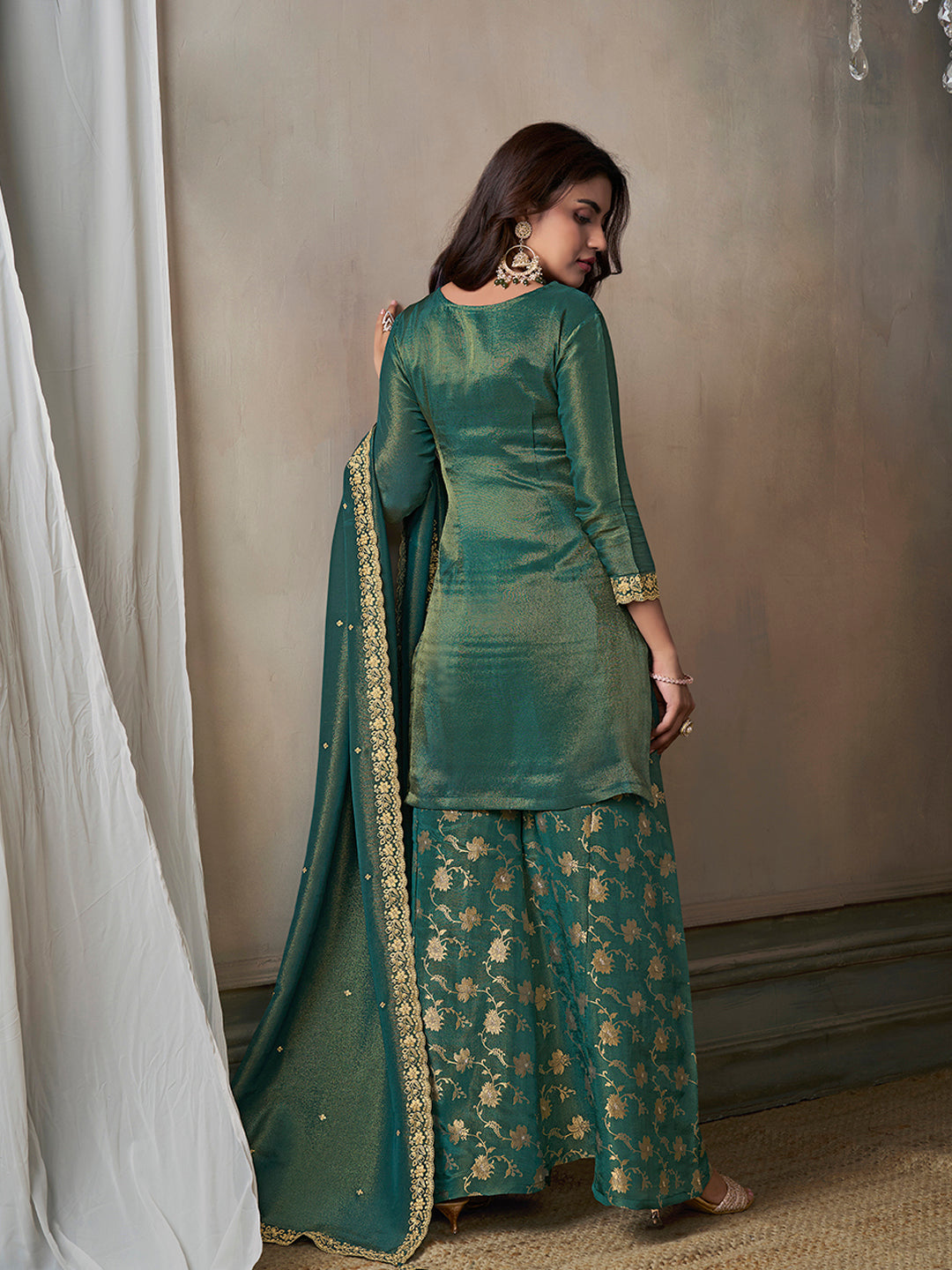 Sea Green Viscose Tissue with Pitta work Sharara Suit Set by Qivii