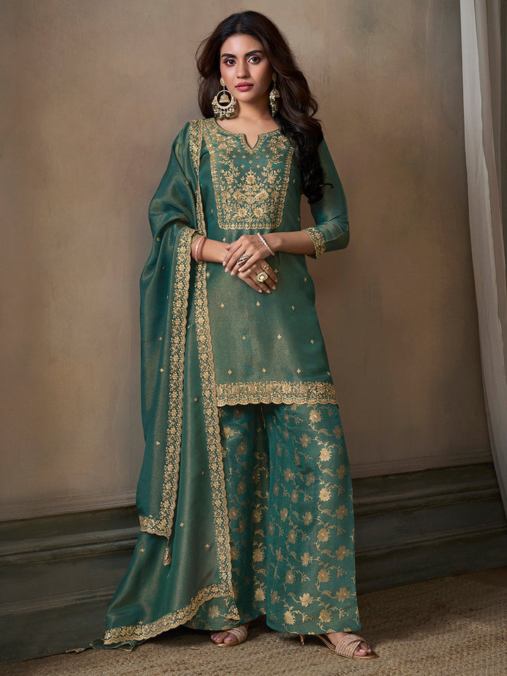 Sea Green Viscose Tissue with Pitta work Sharara Suit Set by Qivii