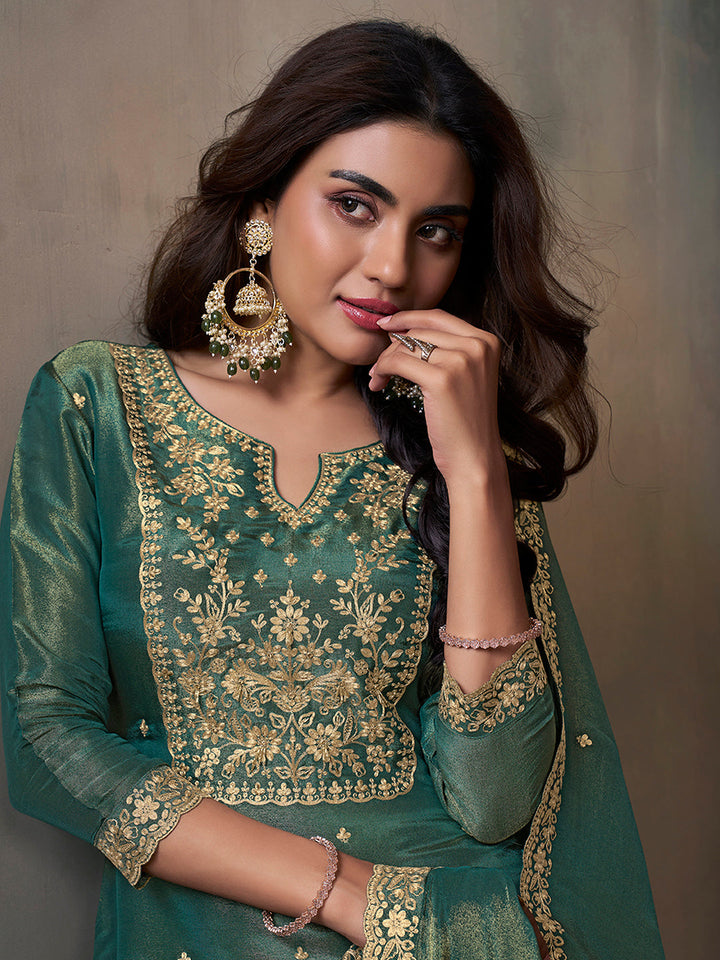 Sea Green Viscose Tissue with Pitta work Sharara Suit Set by Qivii