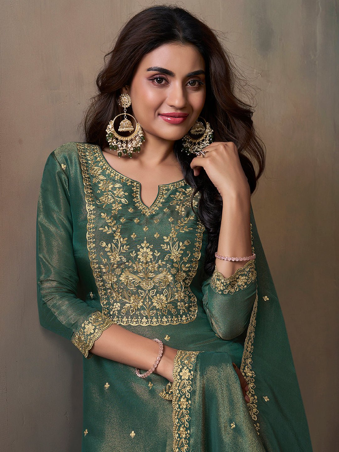 Sea Green Viscose Tissue with Pitta work Sharara Suit Set by Qivii