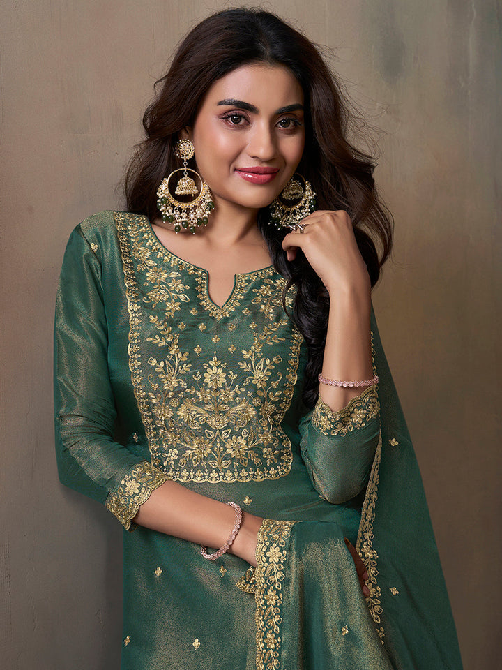 Sea Green Viscose Tissue with Pitta work Sharara Suit Set by Qivii