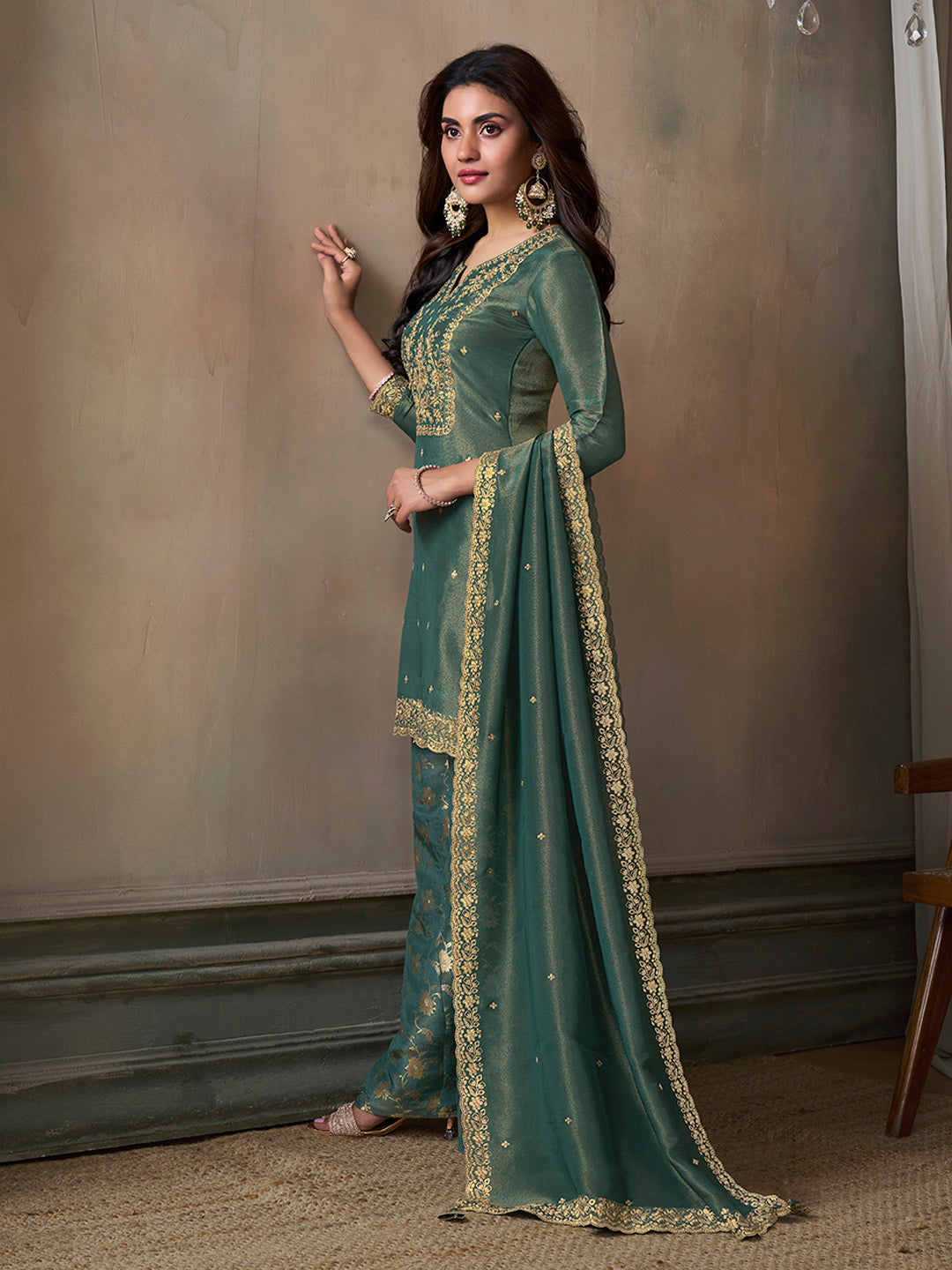 Sea Green Viscose Tissue with Pitta work Sharara Suit Set by Qivii