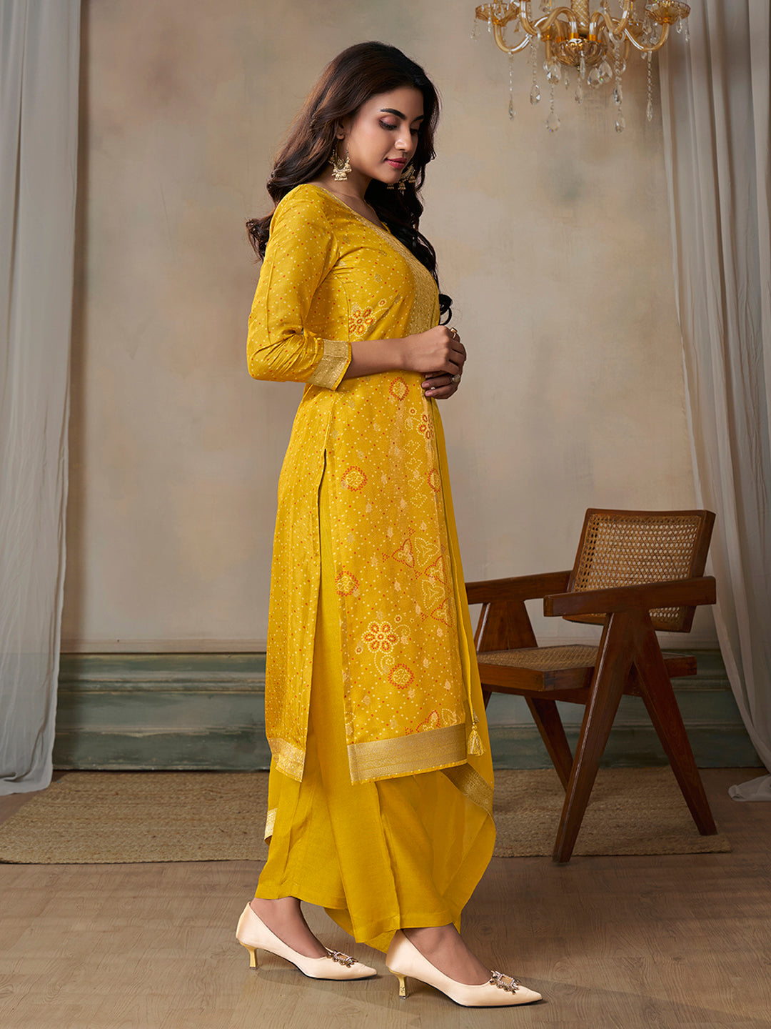 Mustard Jacquard With Printed Kurta With Dyed Trousers And Dyed Dupatta