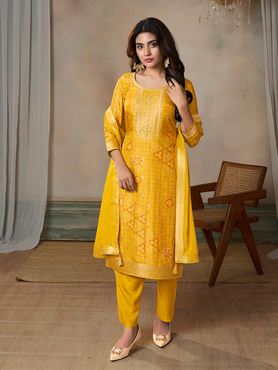 Mustard Jacquard With Printed Kurta With Dyed Trousers And Dyed Dupatta
