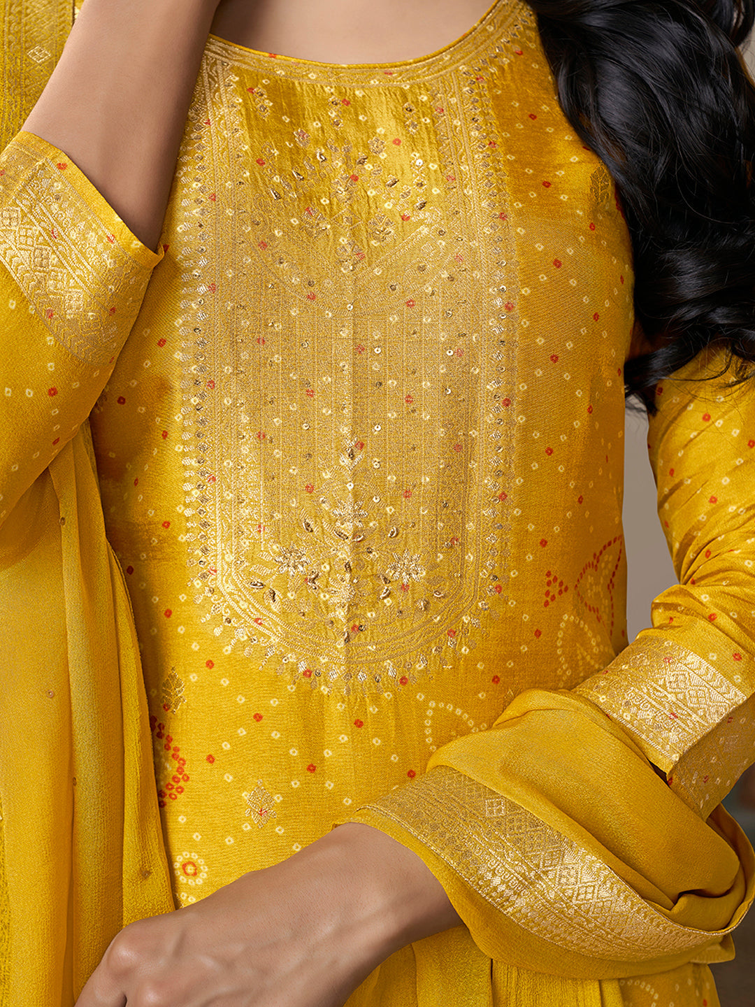 Mustard Jacquard With Printed Kurta With Dyed Trousers And Dyed Dupatta