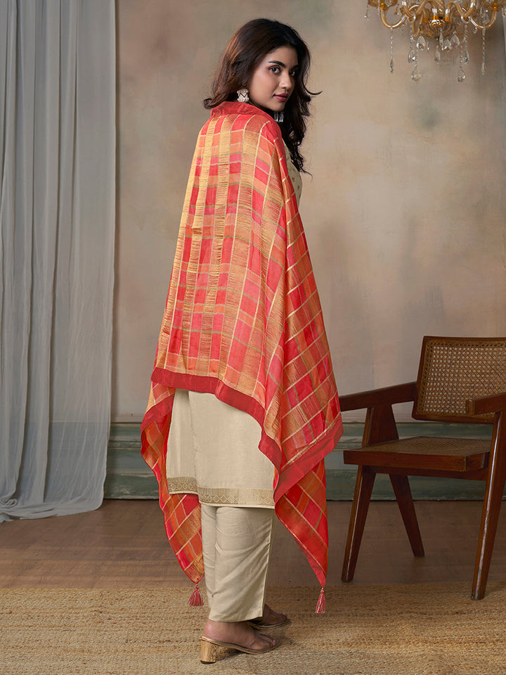 Off-White Dola Jacquard Kurta Suit Set with Digital Print Dupatta