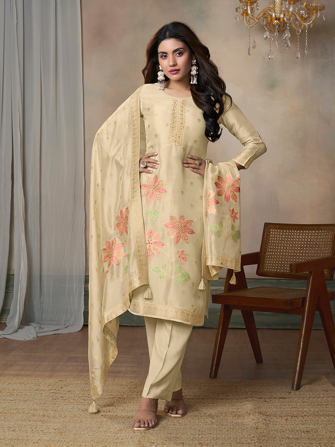 Off-White Organza Jacquard Floral Top Dyed Kurta Suit Set