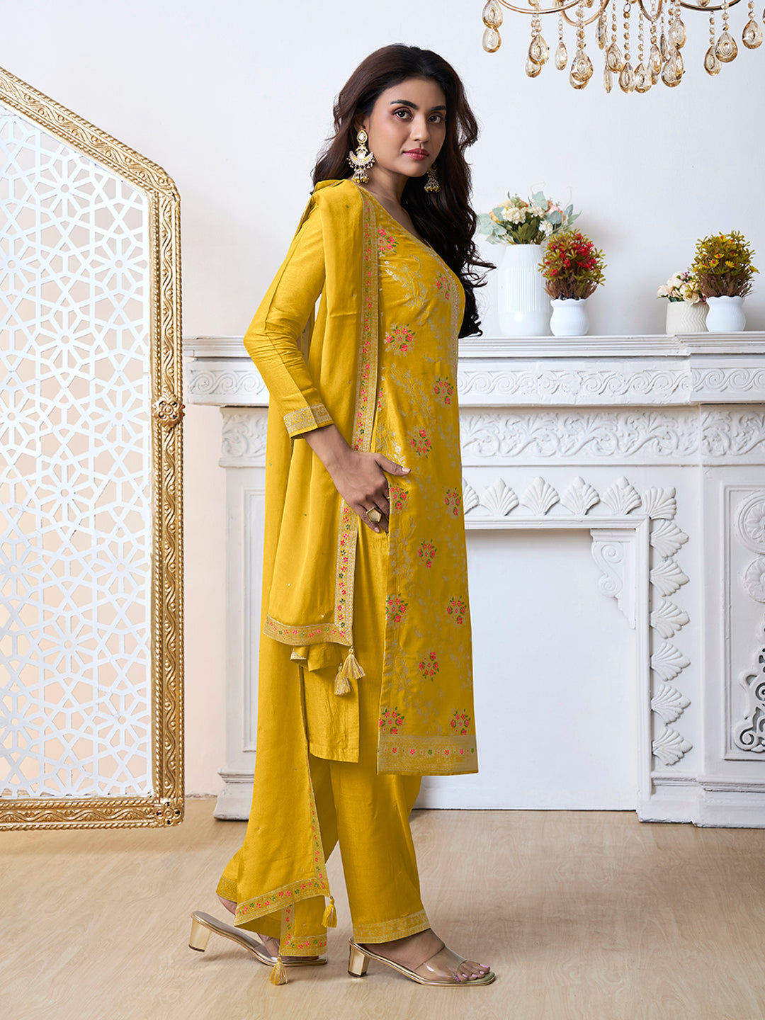 Yellow Meena Jacquard Kurta Suit Set - qivii