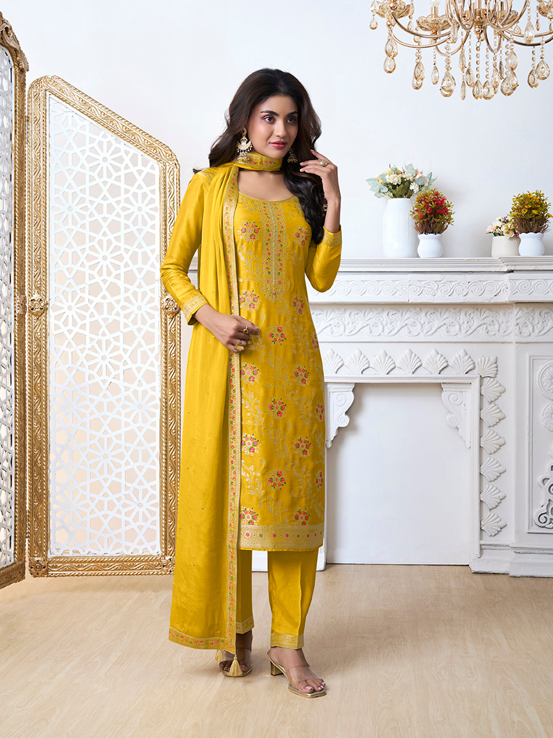 Yellow Meena Jacquard Kurta With Dupatta
