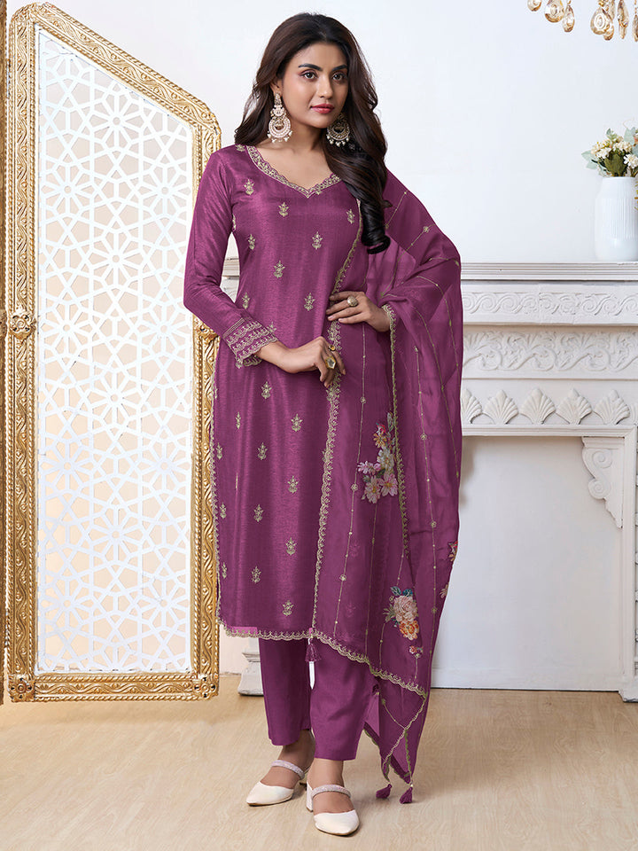 Purple Cutwork Neckline Dola Silk Kurta Suit Set with Floral Aplique Dupatta by Qivii