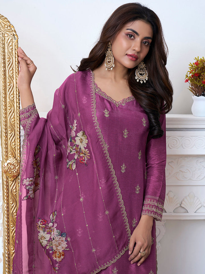 Purple Cutwork Neckline Dola Silk Kurta Suit Set with Floral Aplique Dupatta by Qivii