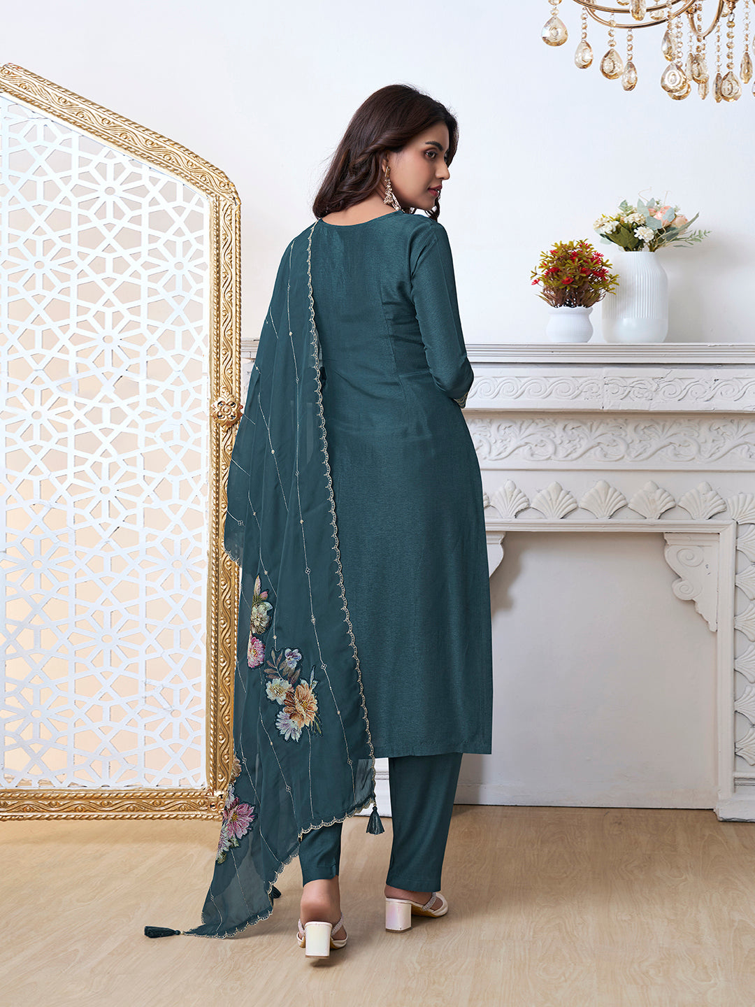 Blue Cutwork Neckline Dola Silk Kurta Suit Set with Floral Aplique Dupatta by Qivii