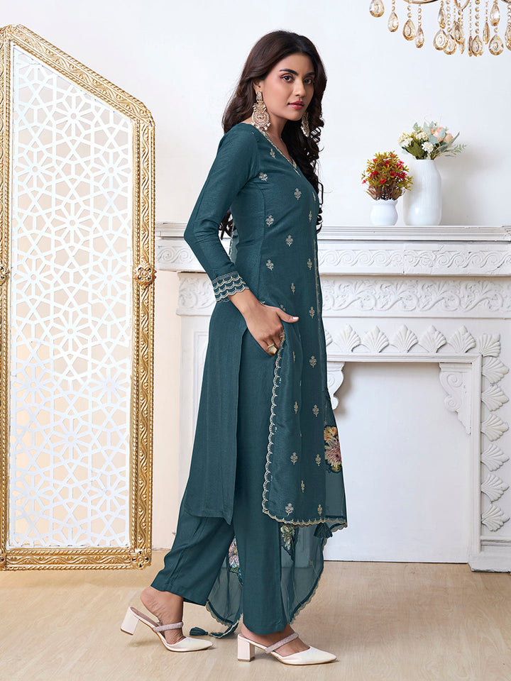 Blue Cutwork Neckline Dola Silk Kurta Suit Set with Floral Aplique Dupatta by Qivii