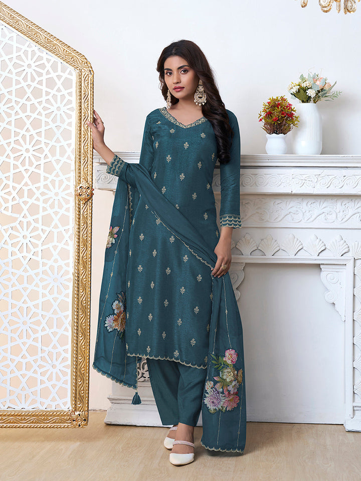 Blue Cutwork Neckline Dola Silk Kurta Suit Set with Floral Aplique Dupatta by Qivii