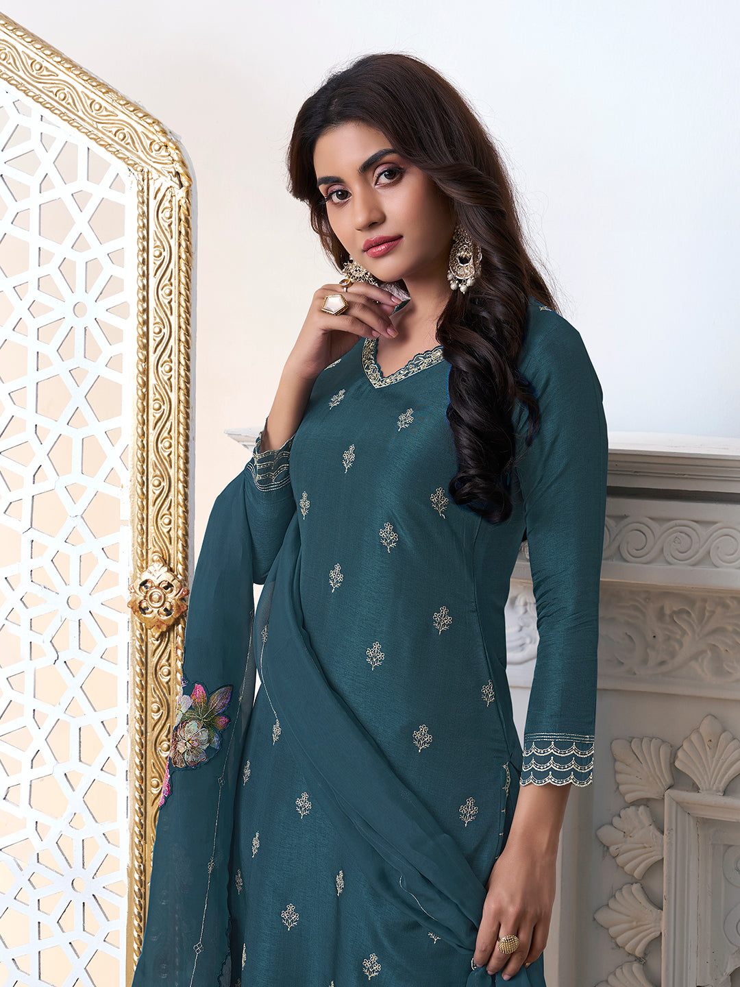 Blue Cutwork Neckline Dola Silk Kurta Suit Set with Floral Aplique Dupatta by Qivii