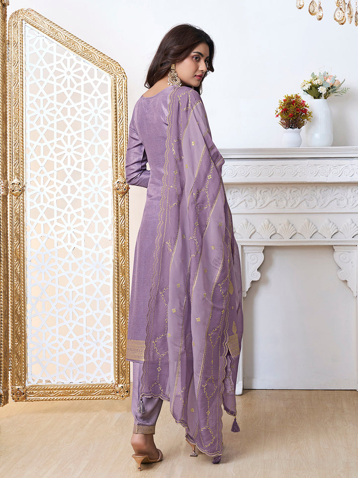 Purple Dola Ethic Motifs Jacquard with Embroidered Kurta Suit Set. by Qivii