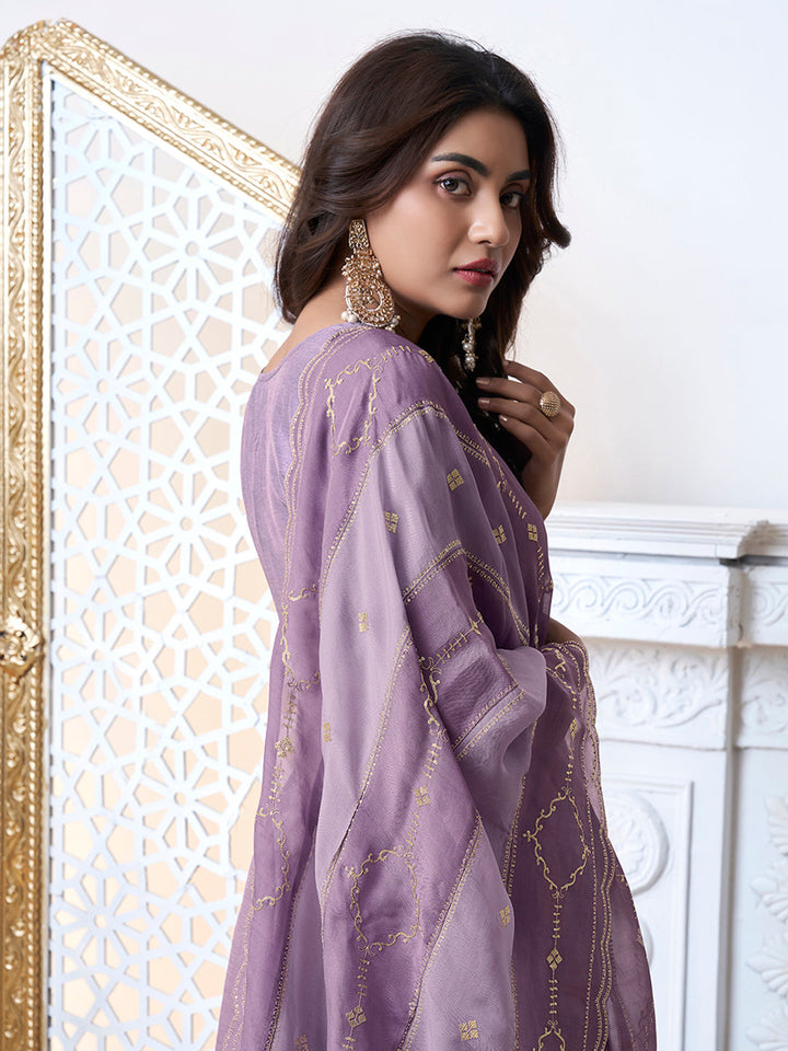 Purple Dola Ethic Motifs Jacquard with Embroidered Kurta Suit Set. by Qivii