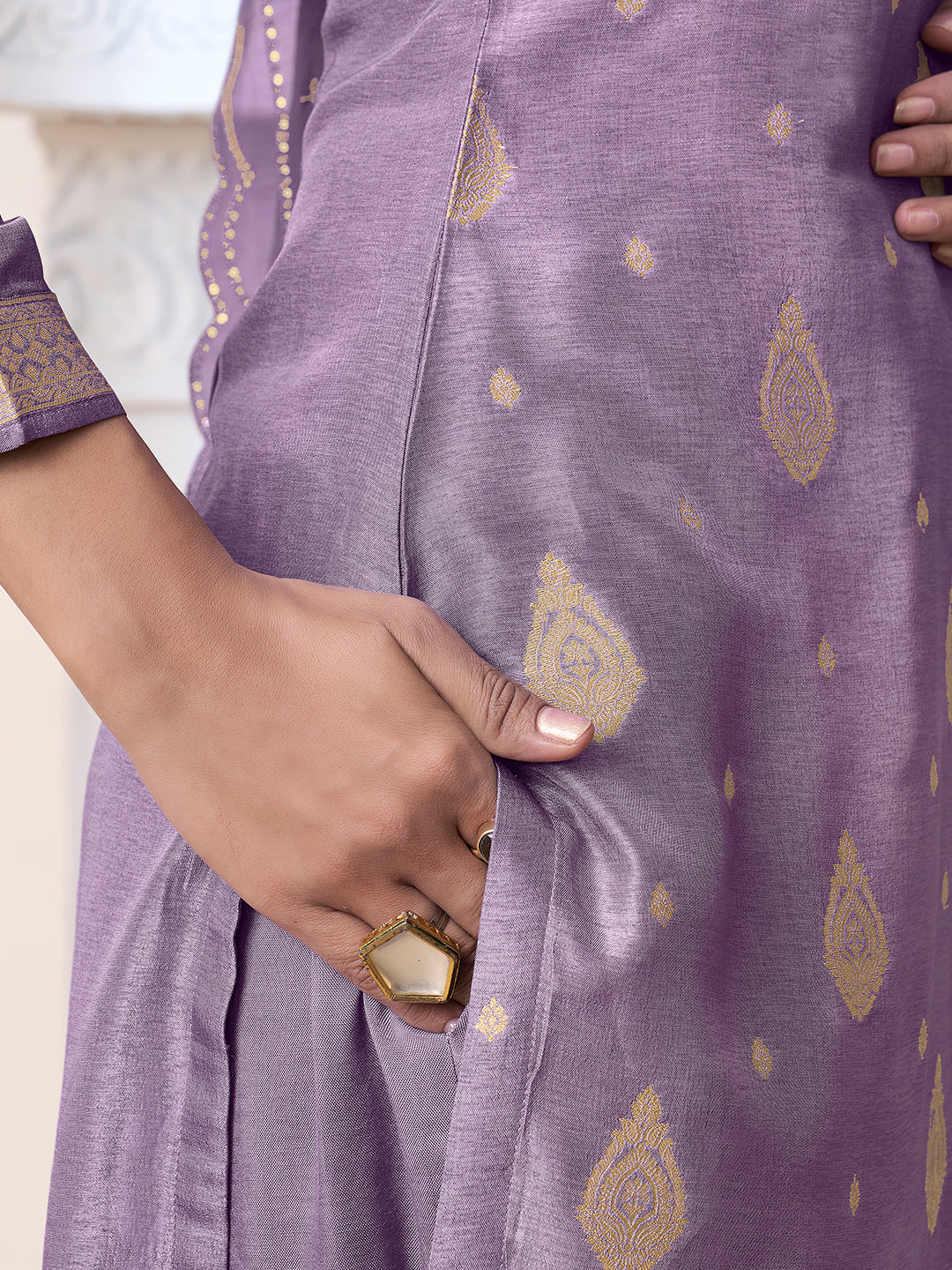 Purple Dola Ethic Motifs Jacquard with Embroidered Kurta Suit Set. by Qivii