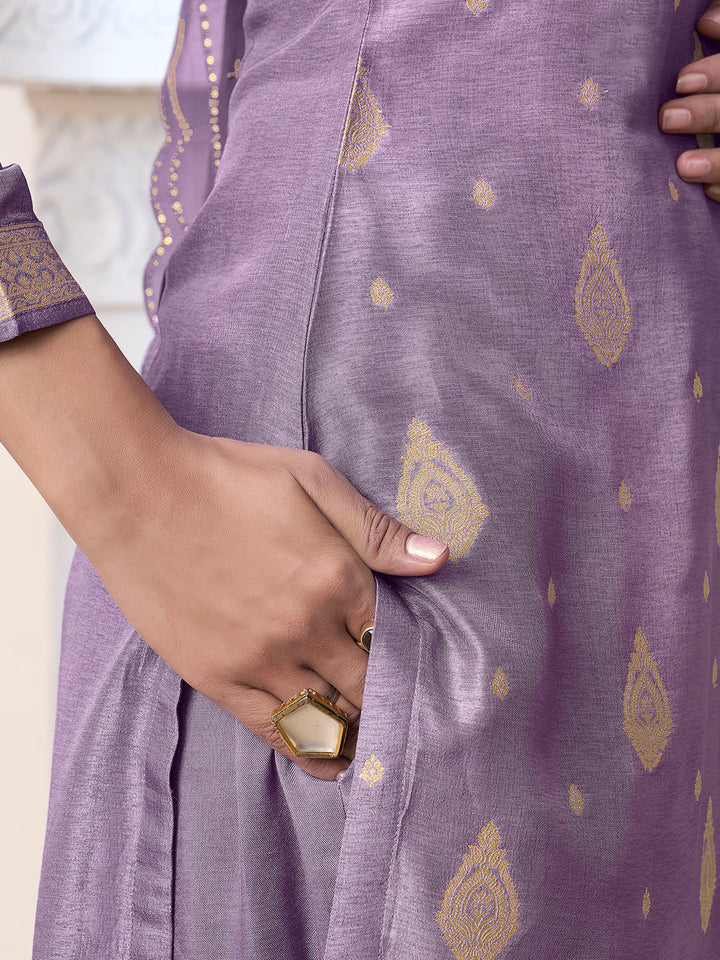 Purple Dola Ethic Motifs Jacquard with Embroidered Kurta Suit Set. by Qivii