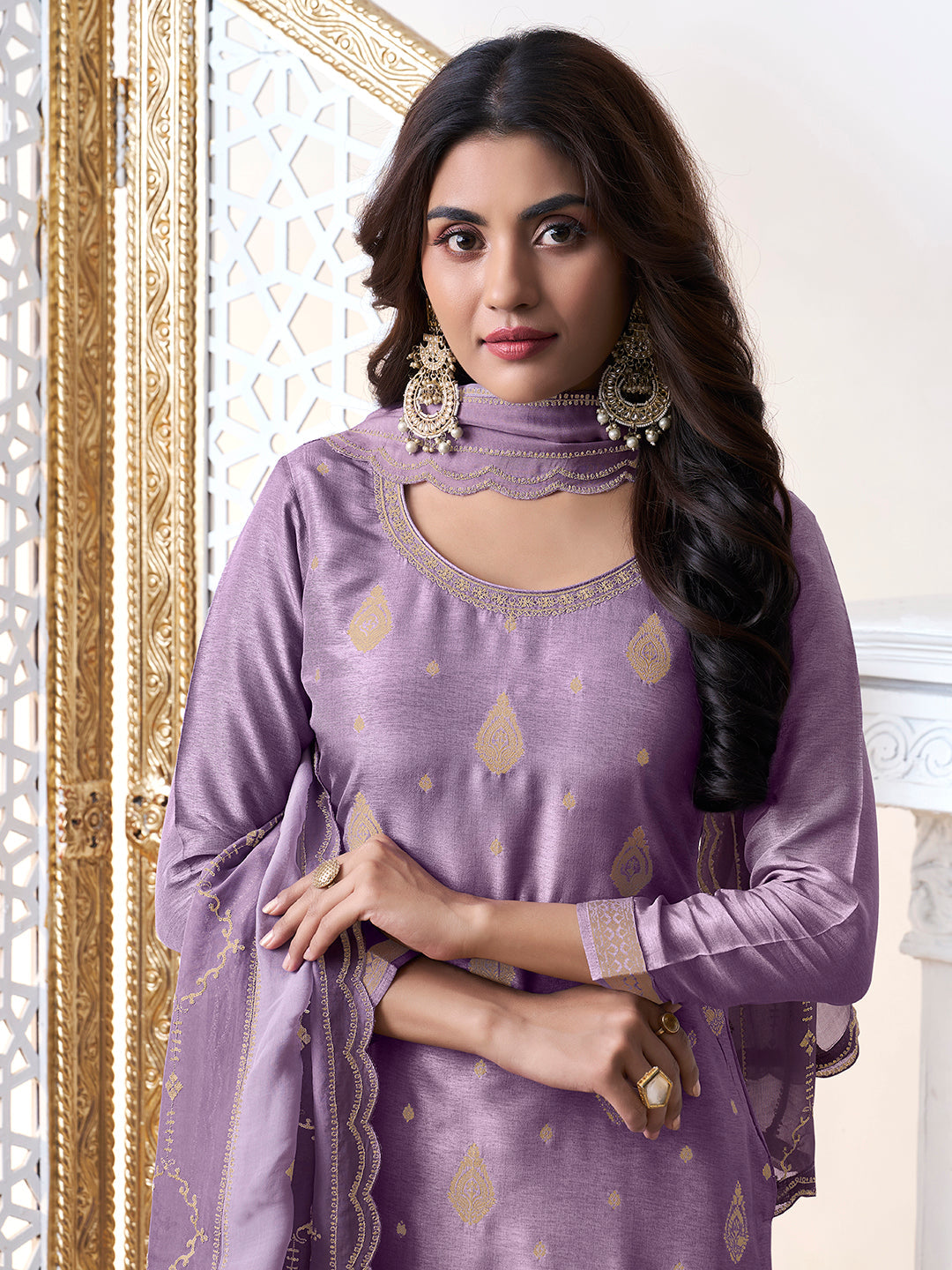 Purple Dola Ethic Motifs Jacquard with Embroidered Kurta Suit Set. by Qivii