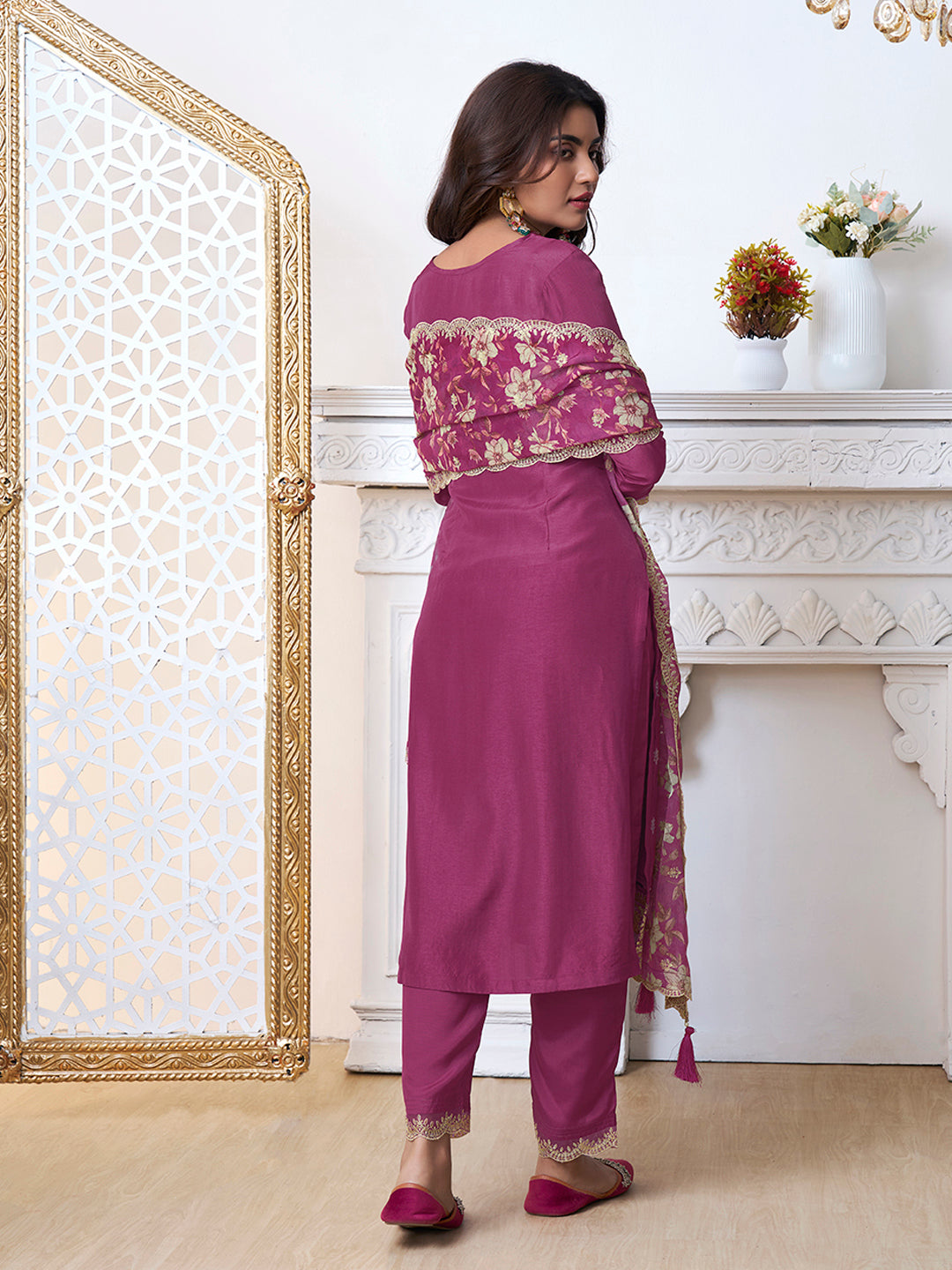 Dark Pink Kurta Set in Dola Silk with Floral Printed Dupatta