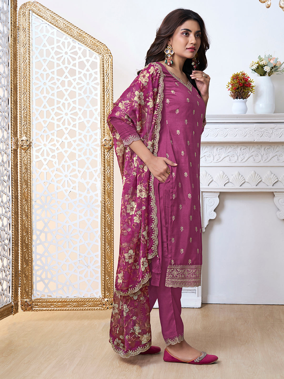 Dark Pink Cutwork Neckline Dola Silk Kurta Suit Set with floral Printed Dupatta by Qivii