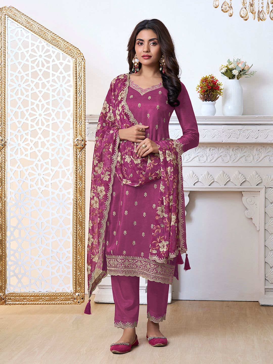 Dark Pink Kurta Set in Dola Silk with Floral Printed Dupatta