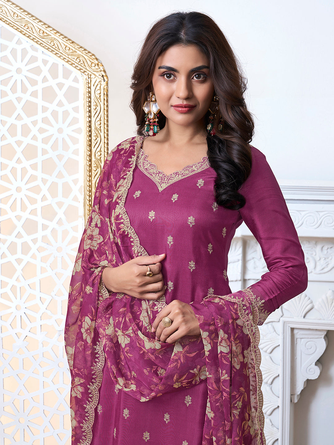 Dark Pink Cutwork Neckline Dola Silk Kurta Suit Set with floral Printed Dupatta by Qivii