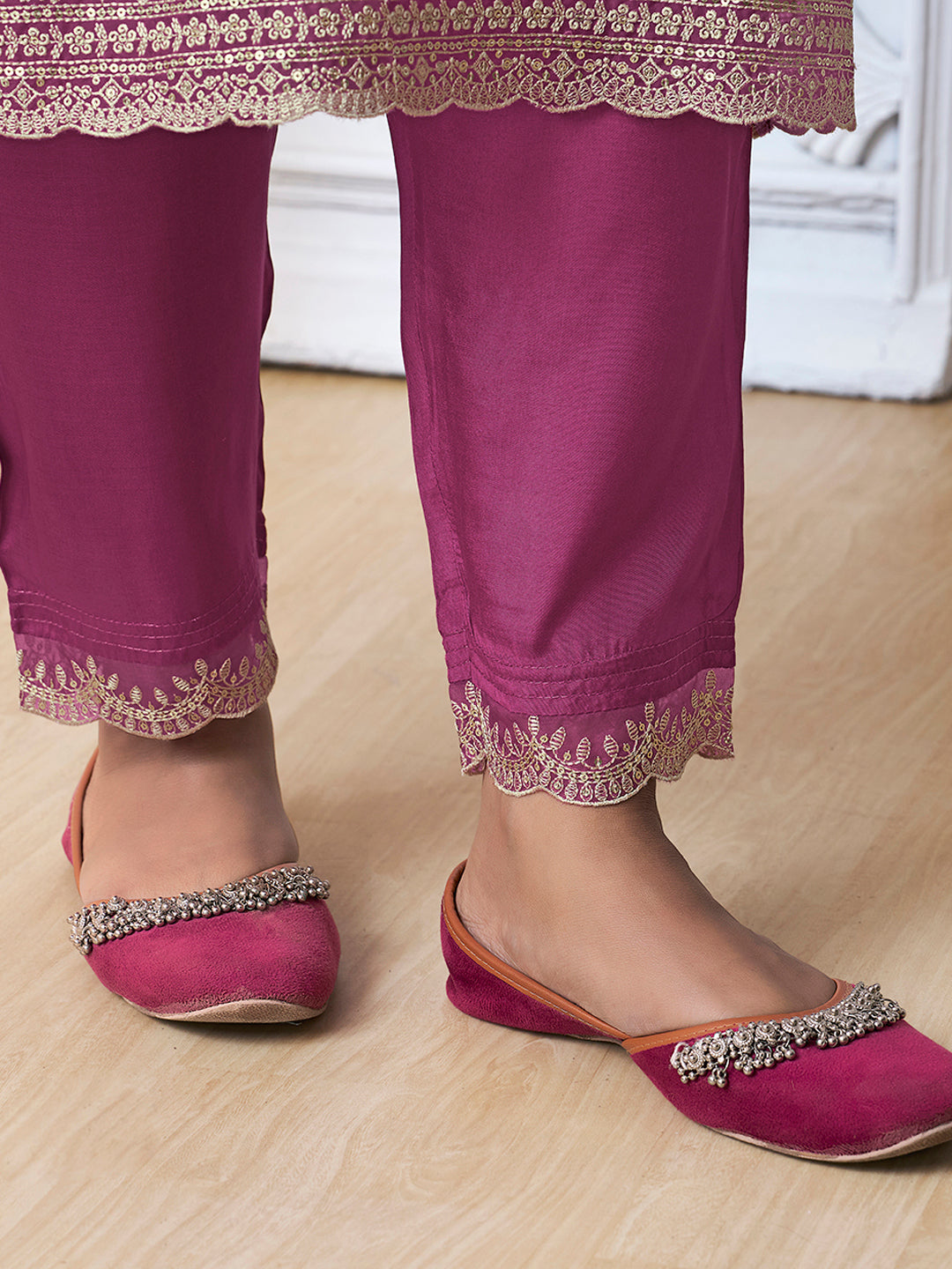 Dark Pink Kurta Set in Dola Silk with Floral Printed Dupatta