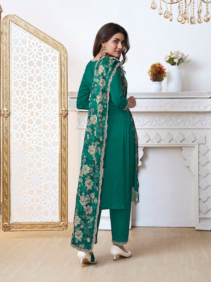 Green Cutwork Neckline Dola Silk Kurta Suit Set with floral Printed Dupatta by Qivii