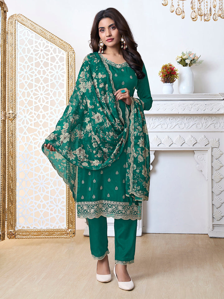 Green Cutwork Neckline Dola Silk Kurta Suit Set with floral Printed Dupatta by Qivii