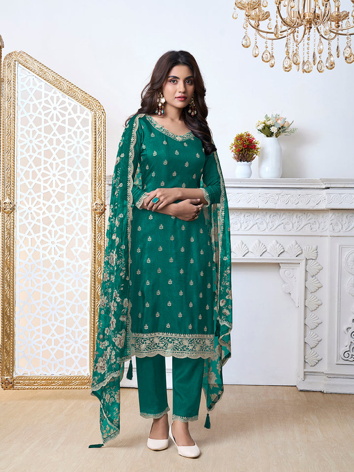 Green Cutwork Neckline Dola Silk Kurta Suit Set with floral Printed Dupatta by Qivii