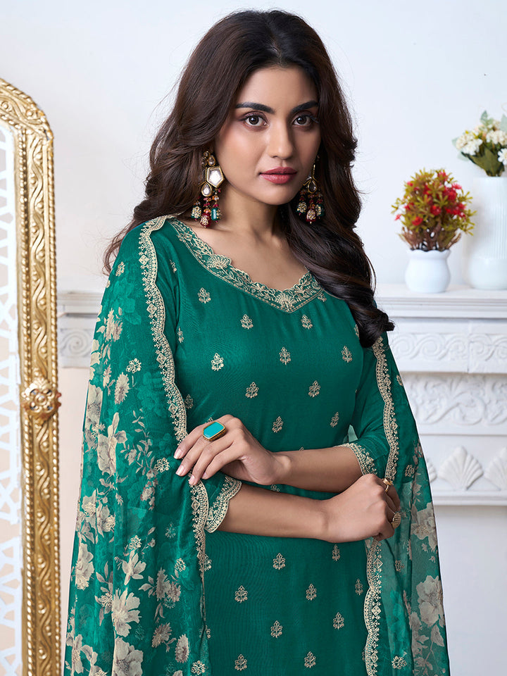 Green Cutwork Neckline Dola Silk Kurta Suit Set with floral Printed Dupatta by Qivii