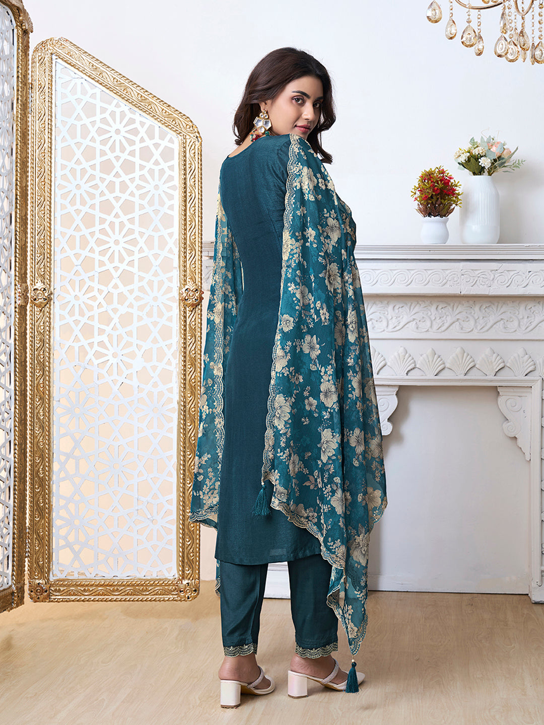 Blue Cutwork Neckline Dola Silk Kurta Suit Set with floral Printed Dupatta by Qivii