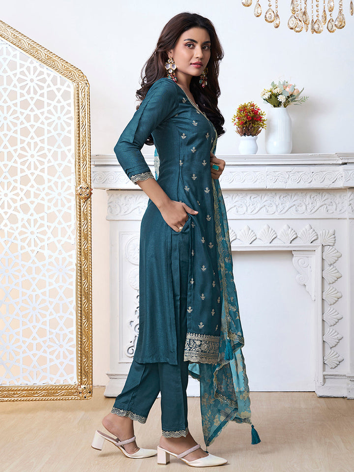 Blue Cutwork Neckline Dola Silk Kurta Suit Set with floral Printed Dupatta by Qivii