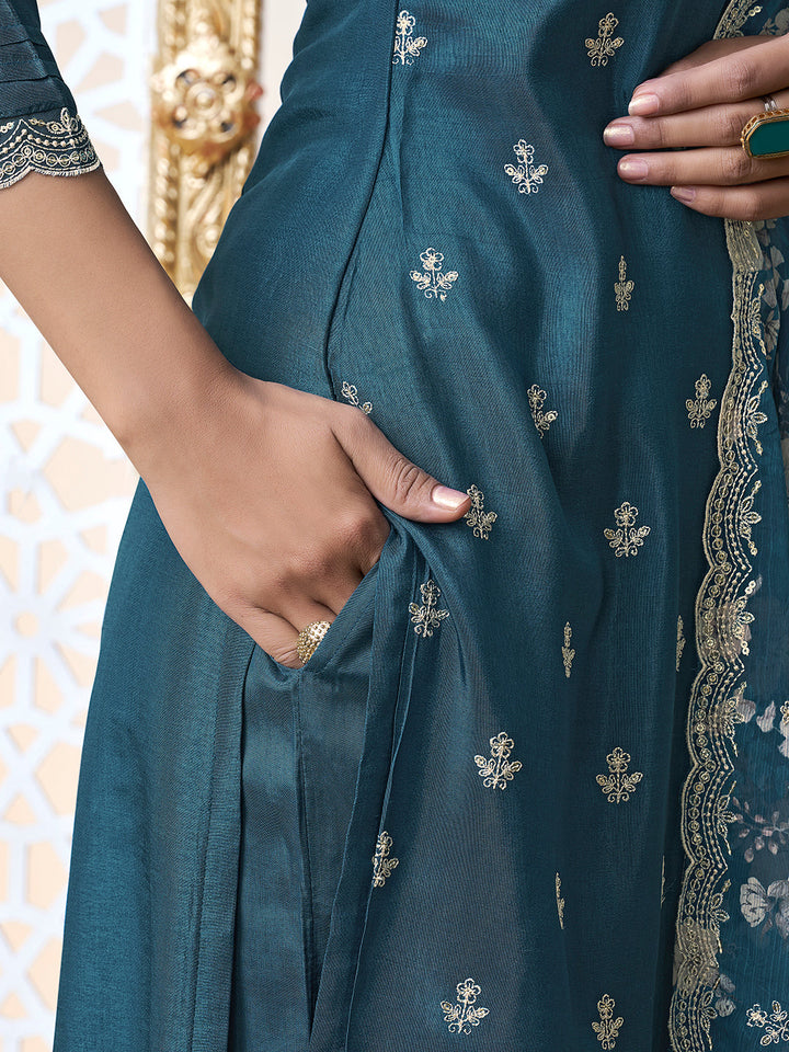 Blue Cutwork Neckline Dola Silk Kurta Suit Set with floral Printed Dupatta by Qivii