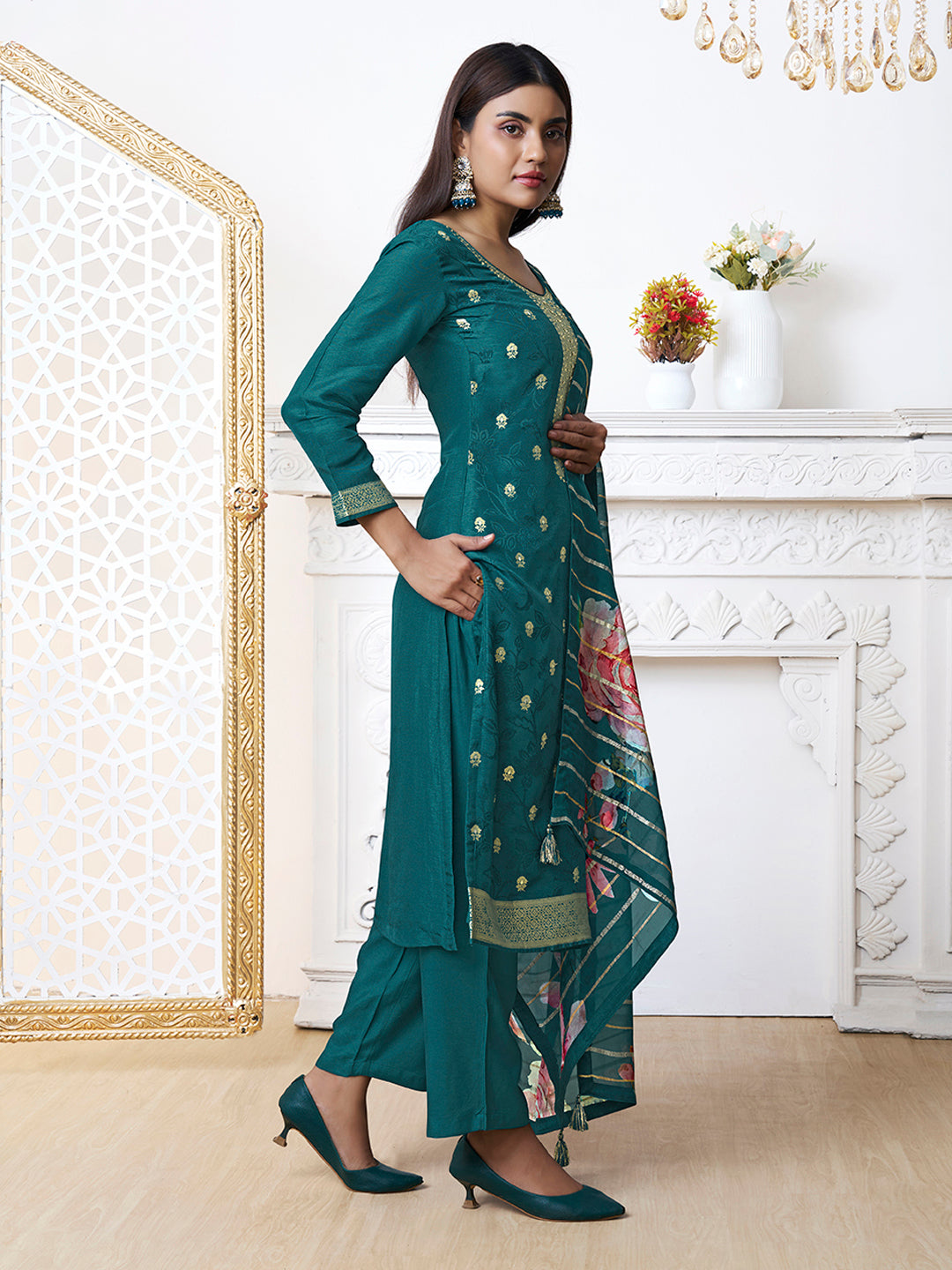 Green Dola Ethic Motifs Jacquard Kurta Suit Set. by Qivii