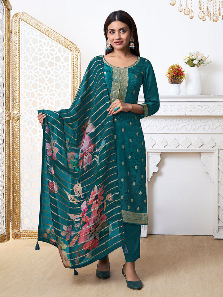 Green Dola Ethic Motifs Jacquard Kurta Suit Set. by Qivii