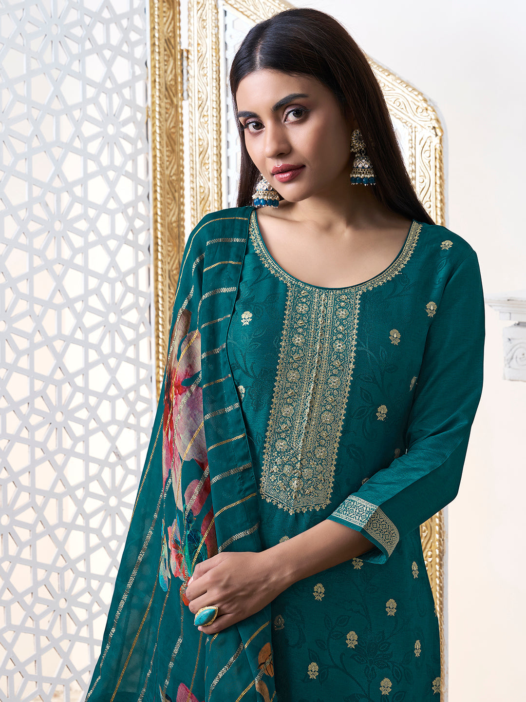 Green Dola Ethic Motifs Jacquard Kurta Suit Set. by Qivii